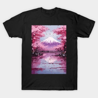 Japan Mount Fuji Cherry Blossom Tree Watercolor Painting Abstract Art T-Shirt